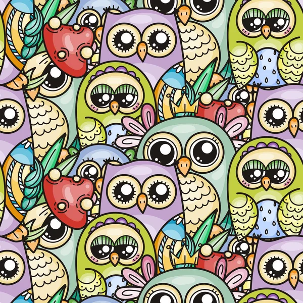 Seamless pattern with cute cartoon owls and furry owlets in pastel colors. — Stock Vector