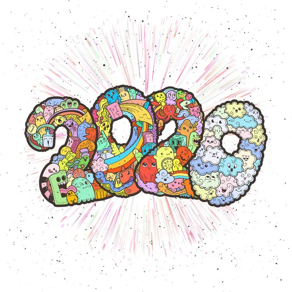 Νέο έτος 2020. Τέρας doodle ημερομηνία. Σύμβολο περίτεχνα Ενοικιαζόμενα. — Διανυσματικό Αρχείο