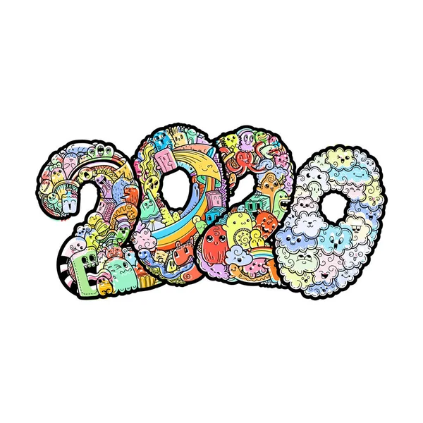Nowy rok 2020. Potwór doodle Data. Symbol wakacje kwiecisty. — Wektor stockowy