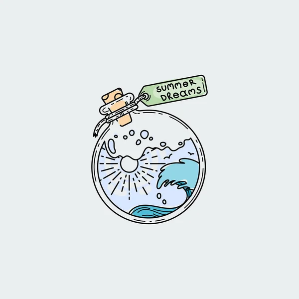 Ilustración vintage de botella mágica de línea delgada con sueños de verano . — Vector de stock