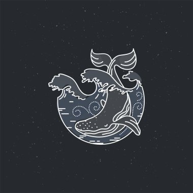 Güneş okyanus ile büyük balina. Doğa keşif poster ya da etiket. Modern daire doğrusal vektör çizim