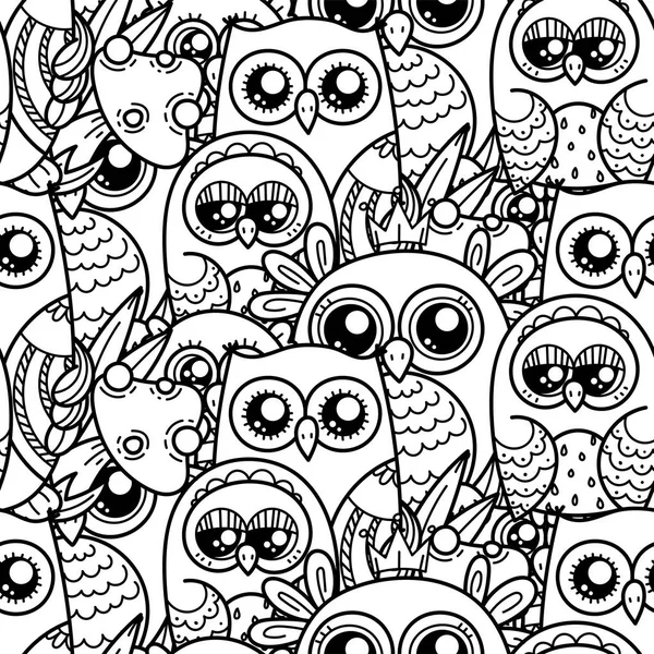 かわいい漫画フクロウとパステル カラーの毛皮のような owlets のシームレスなパターン. — ストックベクタ
