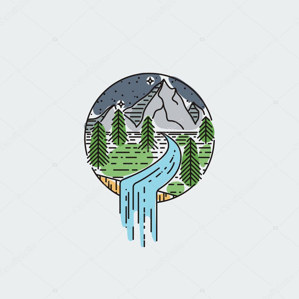 Night mountains with waterfall. Nature exploration vector vintage poster. Modern flat linear vector illustration. Retro wildlife postcard with stars and forest