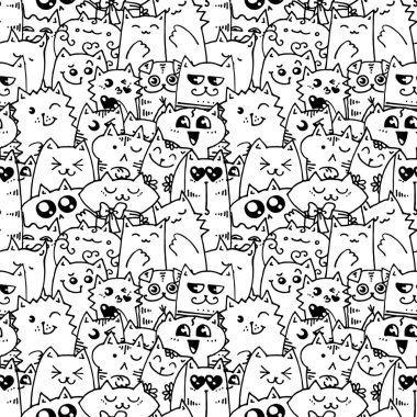 Şirin doodle kediler seamless modeli. Büyük kitap, ambalaj, baskı, kumaş ve Tekstil boyama için