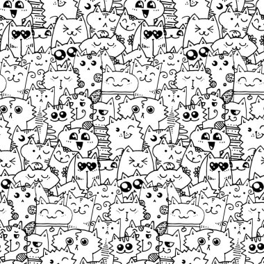 Şirin doodle kediler seamless modeli. Büyük kitap, ambalaj, baskı, kumaş ve Tekstil boyama için