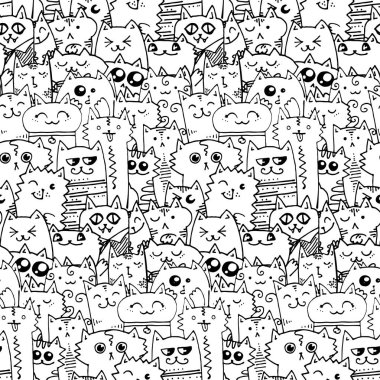 Şirin doodle kediler seamless modeli. Büyük kitap, ambalaj, baskı, kumaş ve Tekstil boyama için