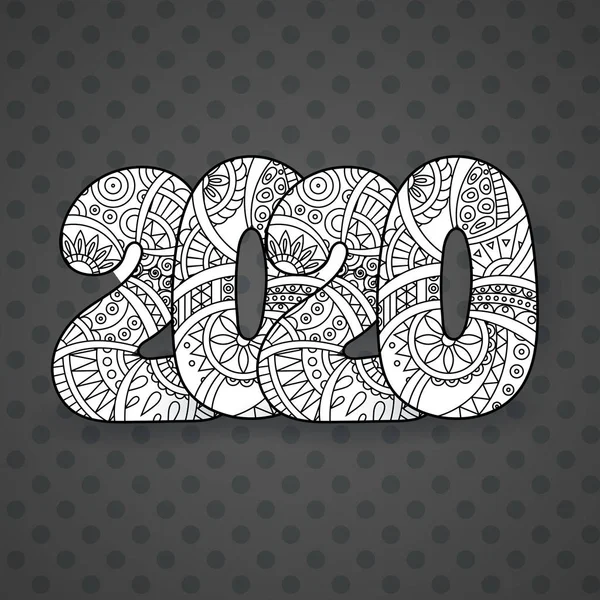 Bonne année 2020 numéro de célébration. Illustration vectorielle de Noël en zentangle . — Image vectorielle