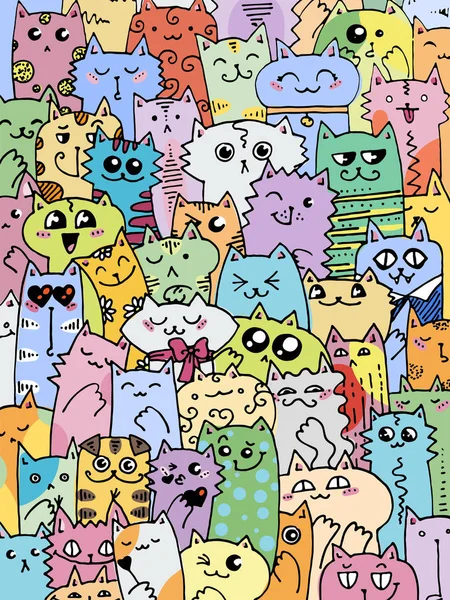 Patrón de gatos garabatos Kawaii. Lindo fondo animal. Ideal para colorear libro, envoltura, impresión, tela y textiles — Vector de stock