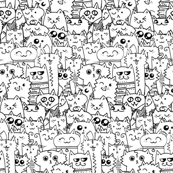 Симпатичные каракули кошки бесшовный шаблон. Отлично подходит для раскраски книг, обертывания, печати и текстиля
