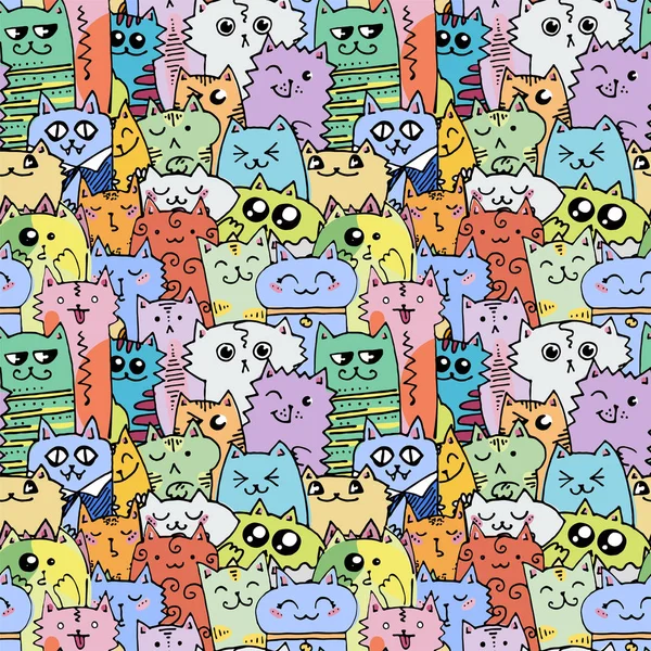 Bonito doodle gatos sem costura padrão. Ótimo para colorir livro, embalagem, impressão, tecido e têxtil —  Vetores de Stock