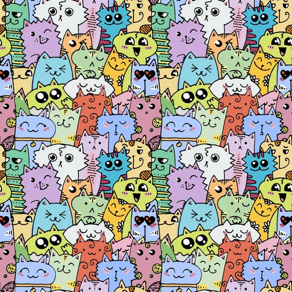 Bonito doodle gatos sem costura padrão. Ótimo para colorir livro, embalagem, impressão, tecido e têxtil —  Vetores de Stock