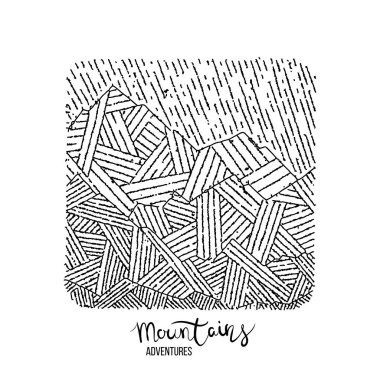 Bir dağ zirvesinde el çizilmiş görüntü, gravür tarzı, grunge dokulu