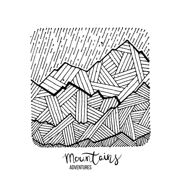 Bir dağ zirvesinde el çizilmiş görüntü, gravür tarzı, grunge dokulu