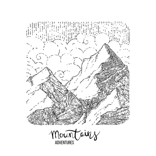 Handgezeichnetes Bild eines Berggipfels, Gravurstil, Grunge-Textur — Stockvektor