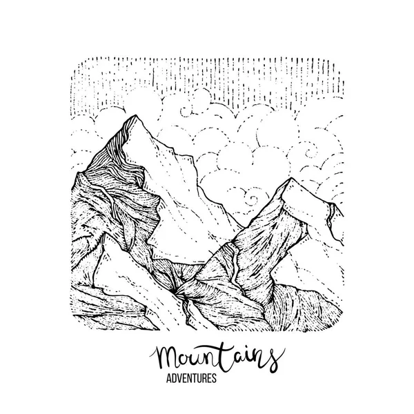 Bir dağ zirvesinde el çizilmiş görüntü, gravür tarzı, grunge dokulu