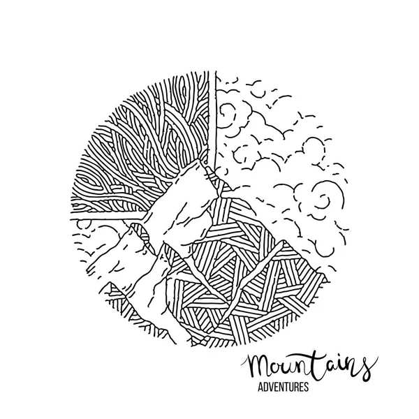 Bir dağ zirvesinde el çizilmiş görüntü, gravür tarzı, grunge dokulu