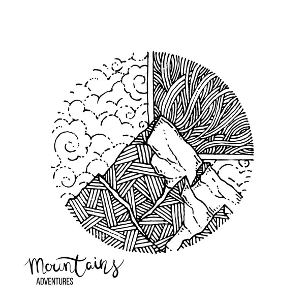 Bir dağ zirvesinde el çizilmiş görüntü, gravür tarzı, grunge dokulu