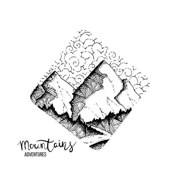 Gambar tangan digambar dari puncak gunung, gaya engravir, bertekstur grunge - Stok Vektor