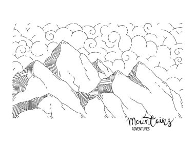 Bir dağ zirvesinde el çizilmiş görüntü, gravür tarzı, grunge dokulu