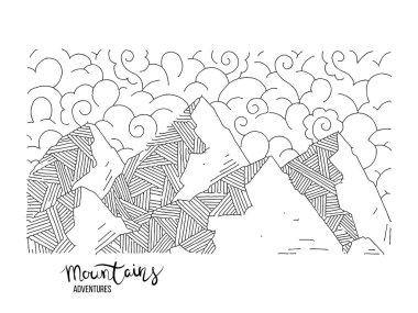 Bir dağ zirvesinde el çizilmiş görüntü, gravür tarzı, grunge dokulu