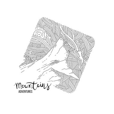 Bir dağ zirvesinde el çizilmiş görüntü, gravür tarzı, grunge dokulu