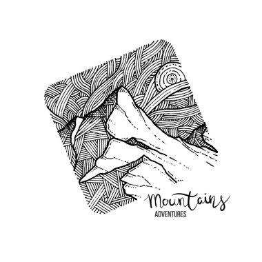 Bir dağ zirvesinde el çizilmiş görüntü, gravür tarzı, grunge dokulu