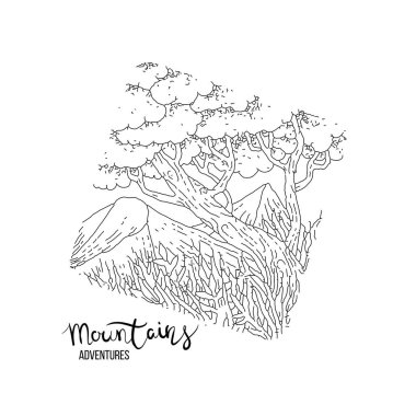 Bir dağ zirvesinde el çizilmiş görüntü, gravür tarzı, grunge dokulu