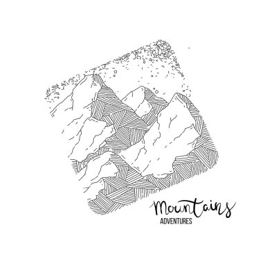 Bir dağ zirvesinde el çizilmiş görüntü, gravür tarzı, grunge dokulu
