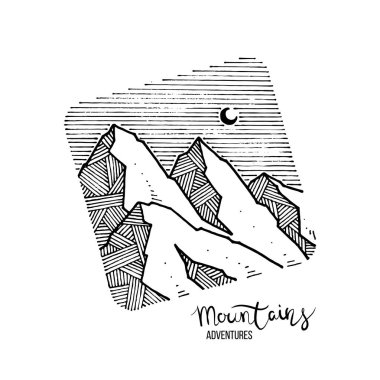 Bir dağ zirvesinde el çizilmiş görüntü, gravür tarzı, grunge dokulu