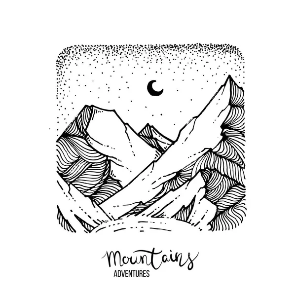 Imagen dibujada a mano de un pico de montaña, estilo grabado, textura grunge — Vector de stock