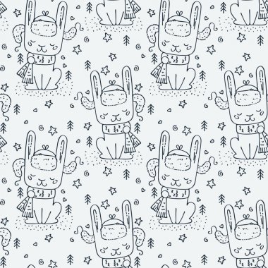 El çizilmiş sevimli hayvanlar ile Dikişsiz sevimli çocukça desen. Kumaş, sarma, tekstil, duvar kağıdı, baskılar, giyim için yaratıcı Doodle çocuklar doku