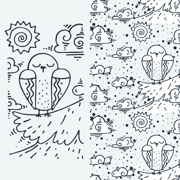 Set aus nahtlos niedlichen kindlichen Mustern und einem Doodle-Schnitt-Bild mit handgezeichneten niedlichen Tieren. Kreative Doodle Kids Textur für Stoff, Verpackung, Textilien, Tapeten, Drucke, Bekleidung — Stockvektor
