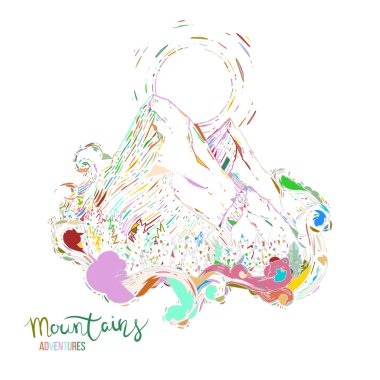 Bir dağ zirvesinde el çizilmiş görüntü, gravür tarzı, grunge dokulu