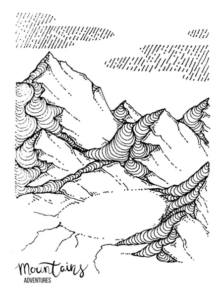 Bir dağ zirvesinde el çizilmiş görüntü, gravür tarzı, grunge dokulu