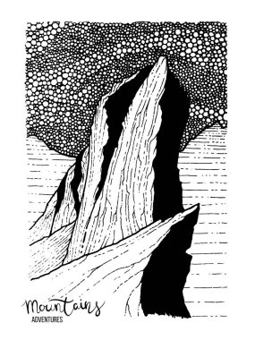 Bir dağ zirvesinde el çizilmiş görüntü, gravür tarzı, grunge dokulu