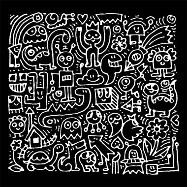 Karikatür sevimli doodle el grunge illüstrasyon çizilmiş. Çizgi resmi ayrıntılı karalama, nesneleri ve çizgiler arka plan çok