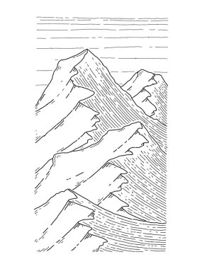 Bir dağ zirvesinde el çizilmiş görüntü, gravür tarzı, grunge dokulu