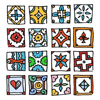 Grunge fayans seti. Vintage İslam, Arapça, Hint, Osmanlı dekoratif tasarım öğeleri. Patchwork handdrawn motifler