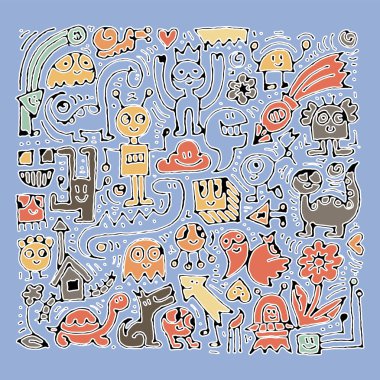 Karikatür sevimli doodle el grunge illüstrasyon çizilmiş. Çizgi resmi ayrıntılı karalama, nesneleri ve çizgiler arka plan çok