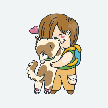 Sevimli çizgi film çocuğu ve hayvan. Çocuk tasarımı, kartlar, baskılar, boyama kitapları için vektör küçük resim illüstrasyon