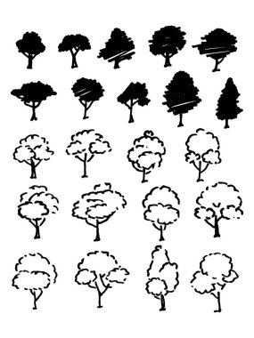 Ağaçlar kroki seti, karikatür vintage illüstrasyon, mürekkep oyma tarzı çizmek, el çizilmiş izole