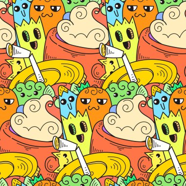 Gülümsüyor ve tat ile Doodle elle çizilmiş karikatür, kahve dükkanı tema dikişsiz desen