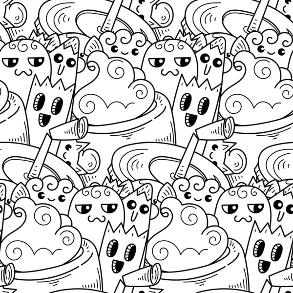 Doodle hand-drawn cartoon with smiles and taste, coffee shop theme seamless pattern — Stock Vector