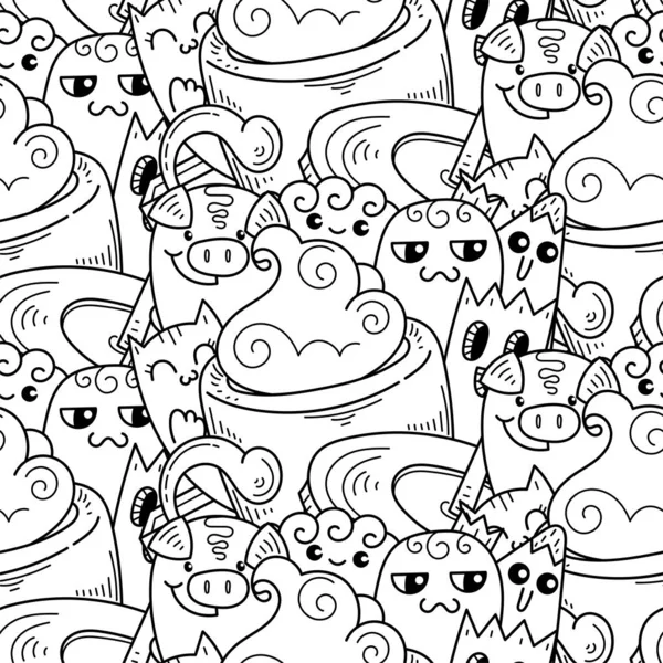 Doodle dibujado a mano de dibujos animados con sonrisas y sabor, café tema patrón sin costuras — Vector de stock
