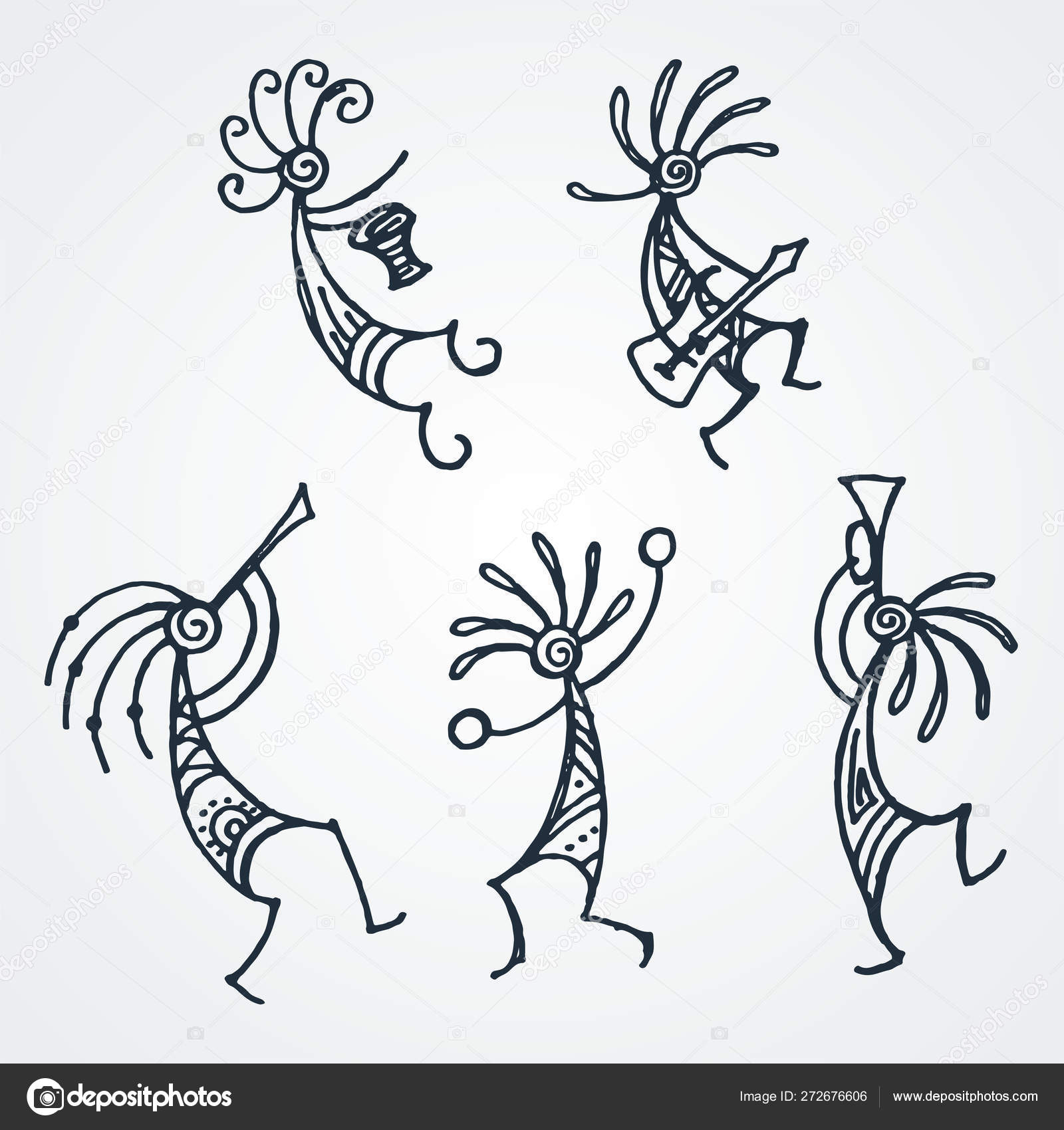 Hand drawn Kokopelli figures. Stylized mythical characters playing