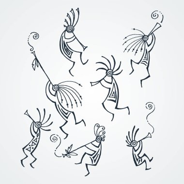 El Kokopelli rakamlar çizilmiş. Flüt oynarken stilize efsanevi karakterler.