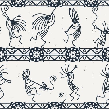 El kokopelli dikişsiz desen çizilmiş. Flüt oynayan stilize efsanevi karakterler.