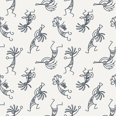 El kokopelli dikişsiz desen çizilmiş. Flüt oynayan stilize efsanevi karakterler.