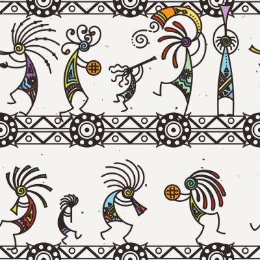 El kokopelli dikişsiz desen çizilmiş. Flüt oynayan stilize efsanevi karakterler.