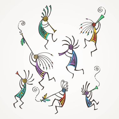 El Kokopelli rakamlar çizilmiş. Flüt oynarken stilize efsanevi karakterler.